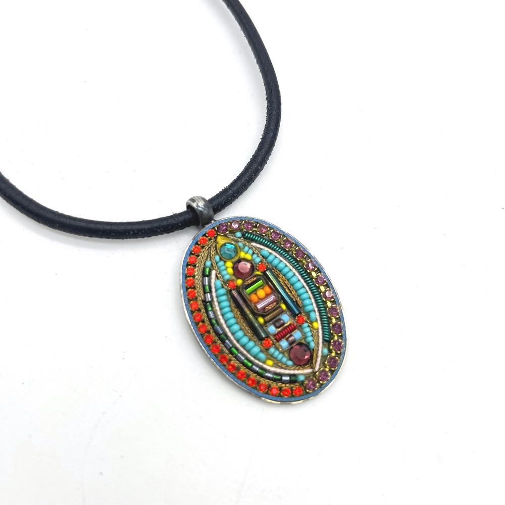 Adaya Beaded Mosaic Oval Pendant Necklace Black Cord Boho Artisan Jewelry